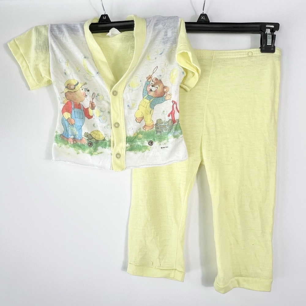 Vtg Dr Denton Kids 18mo Pajama Set Bears Yellow Snap Shirt Pants‎ *Please Read